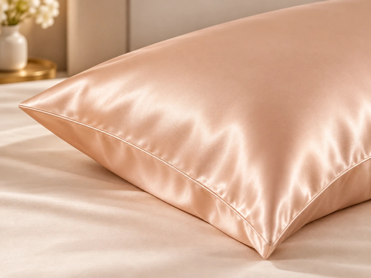 Smoozely silk pillowcase angled view in apricot glow