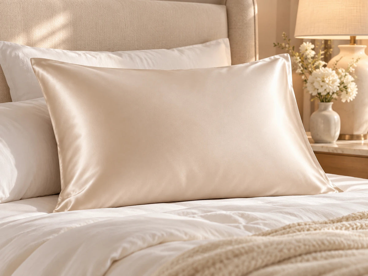 Smoozely silk pillowcase in a bedroom setting, colour champagne pearl