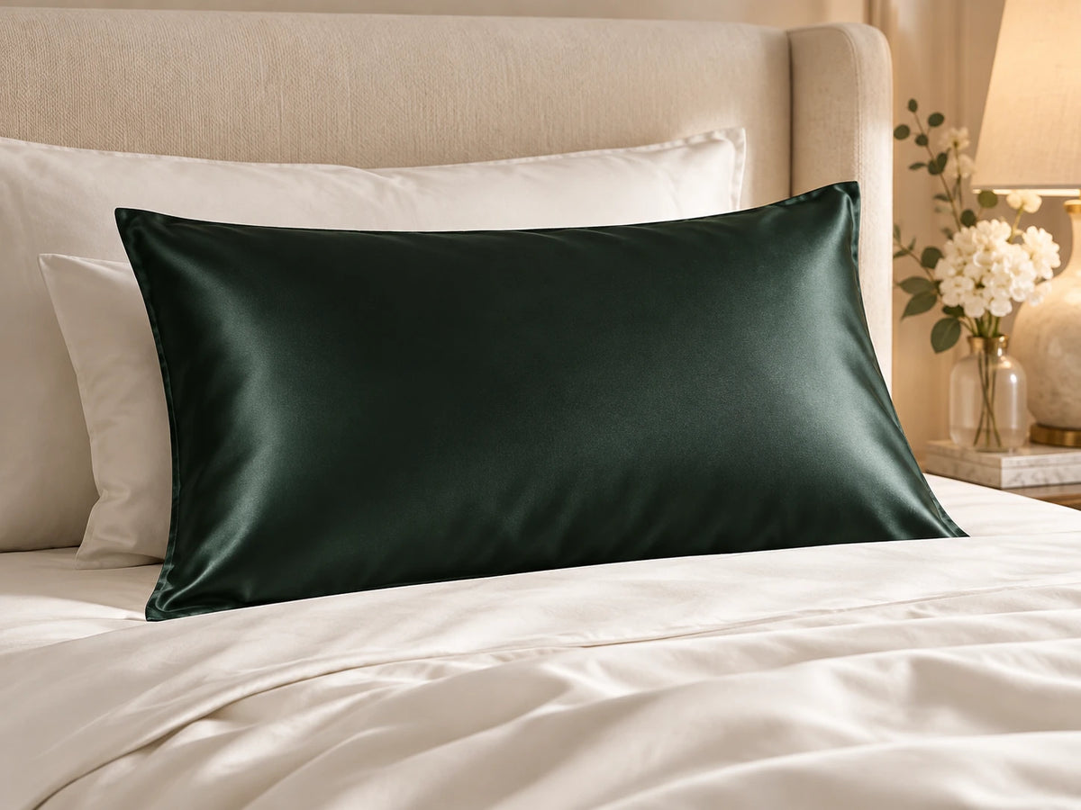 Smoozely silk pillowcase in a bedroom setting, colour deep forest