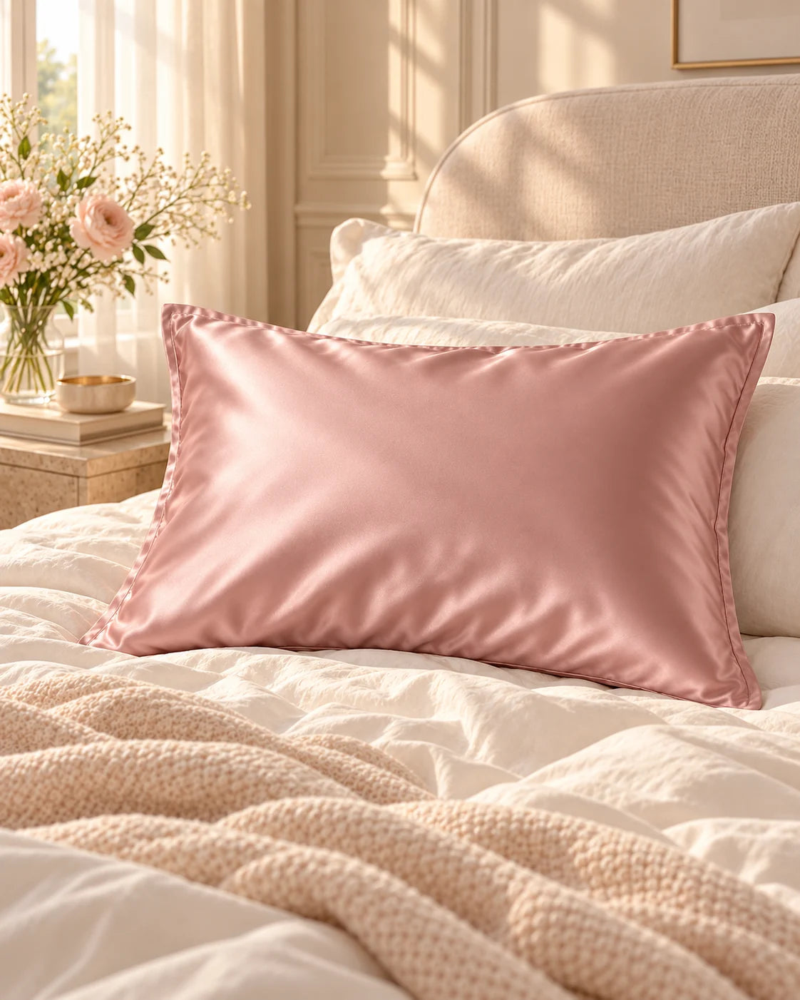 Smoozely mulberry silk pillowcase styled bedroom view