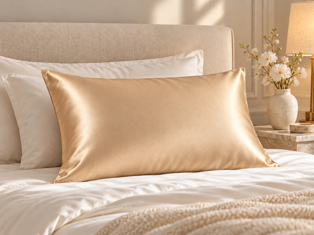 Smoozely silk pillowcase in a bedroom setting, colour golden sand