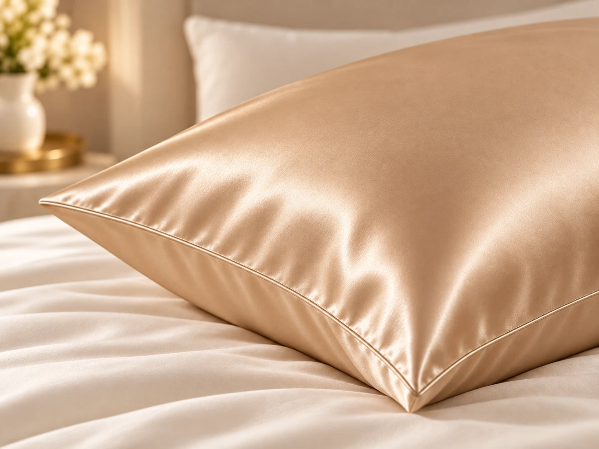 Smoozely silk pillowcase angled view in golden sand