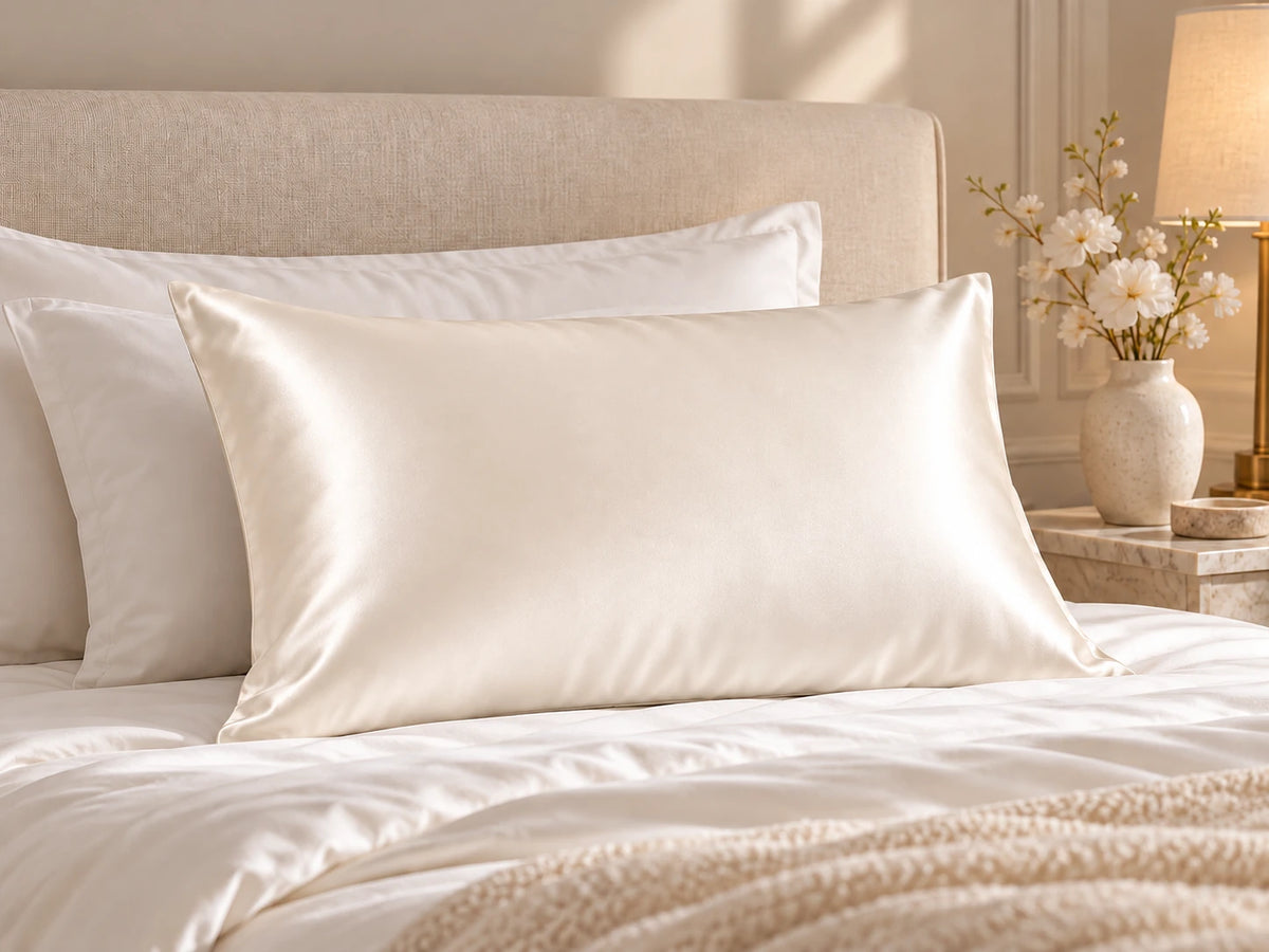 Smoozely silk pillowcase in a bedroom setting, colour ivory cloud