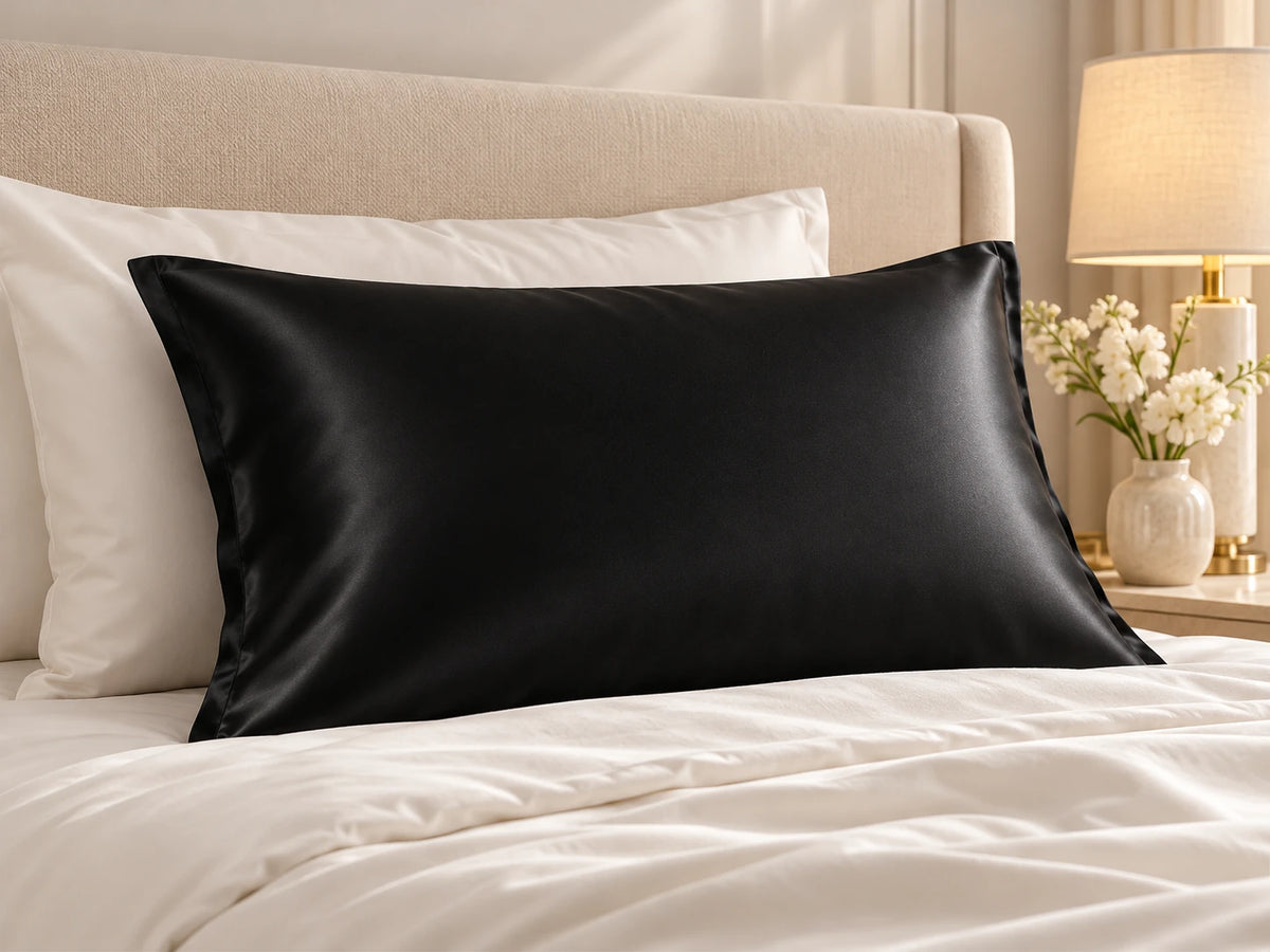 Smoozely silk pillowcase in a bedroom setting, colour midnight black