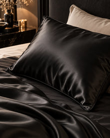 Smoozely silk pillowcase angled view in midnight black