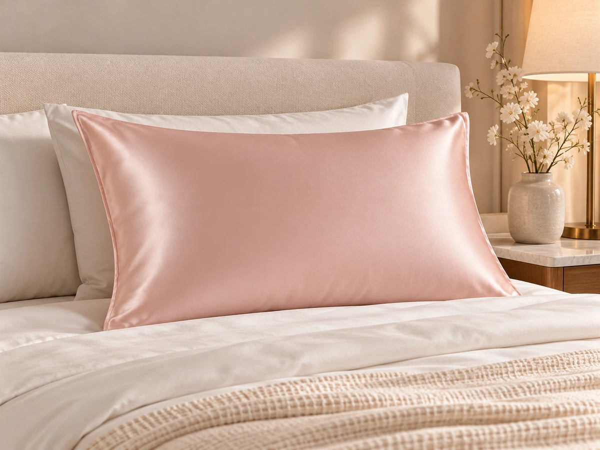 Smoozely silk pillowcase in a bedroom setting, colour soft blush