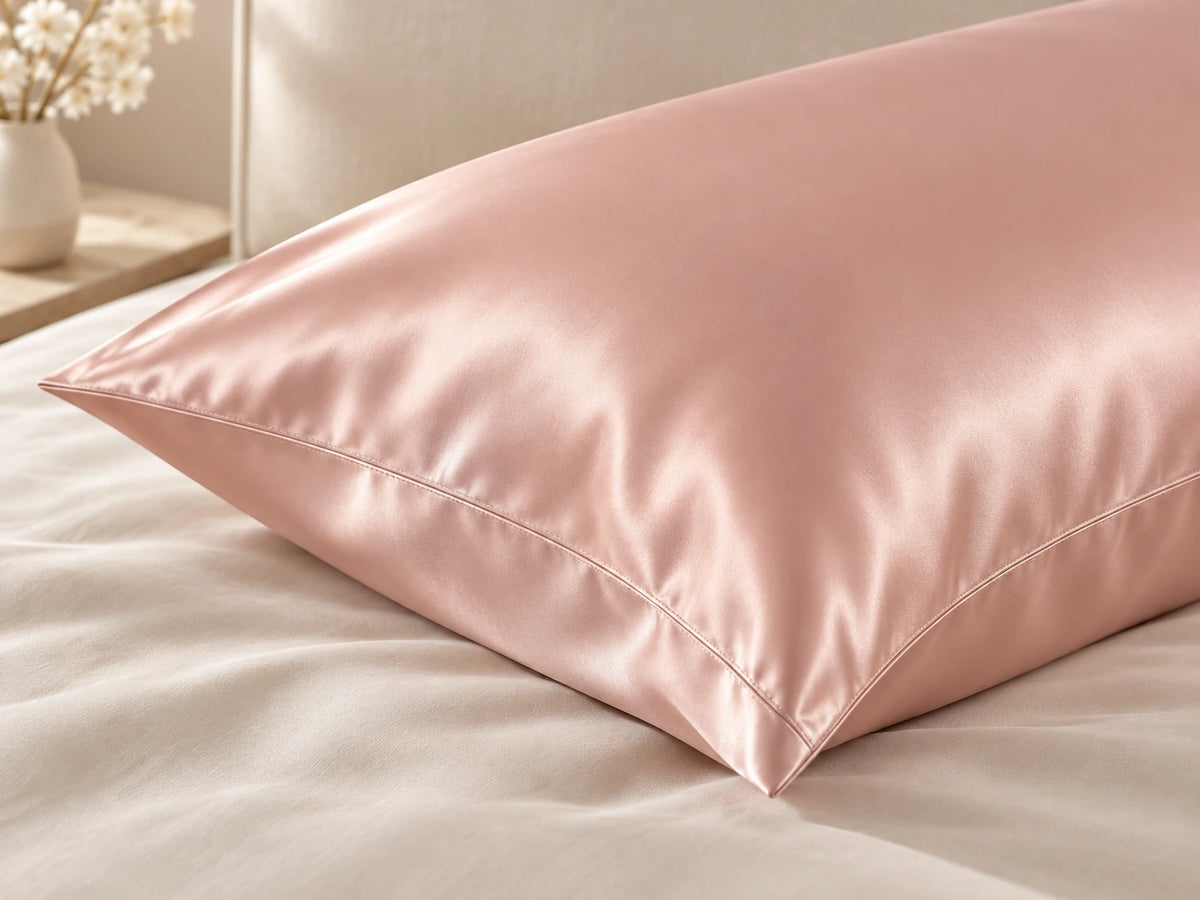 Smoozely silk pillowcase angled view in soft blush