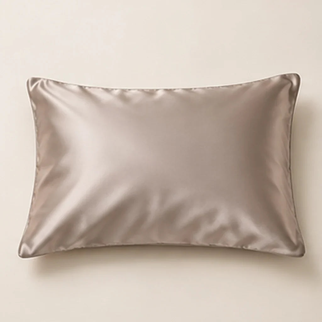 Smoozely silk pillowcase studio view in stone taupe