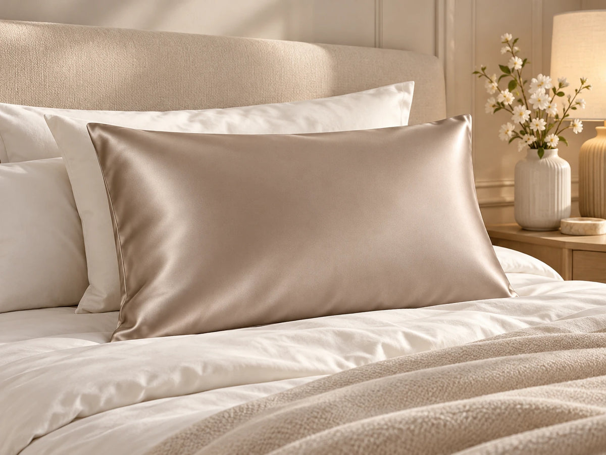 Smoozely silk pillowcase in a bedroom setting, colour stone taupe