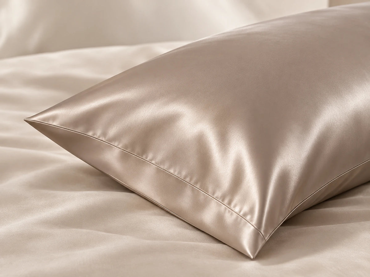 Smoozely silk pillowcase angled view in stone taupe